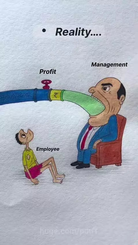 Cartoon drawing showing a large pipe labeled 'Profit' feeding a well-dressed man labeled 'Management', while a small employee receives only drips of 'Salary'.