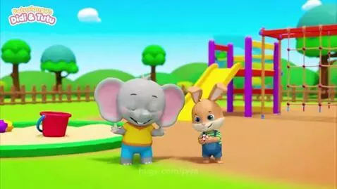 Animated elephant Didi and rabbit Tutu in a colorful playground sandbox with a slide.