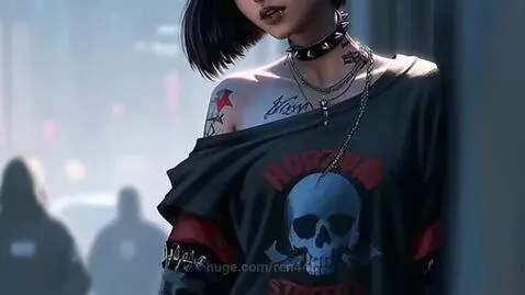 Animated woman with tattoos, piercings, and ripped jeans walks confidently in a dimly lit urban setting.