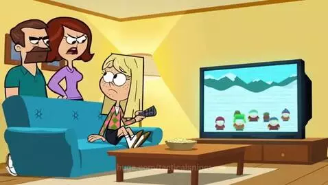 Kendall Perkins looking sad on a couch after being caught watching South Park by her angry parents.