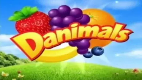The Danimals logo with colorful fruits like strawberries, grapes, and blueberries against a blue sky and green hills.