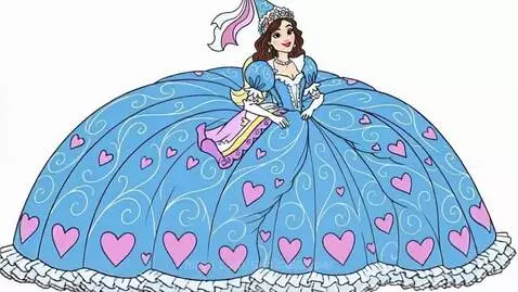 Animated princess with blonde hair transforming to brown, wearing a blue ball gown with pink hearts and a conical hat.