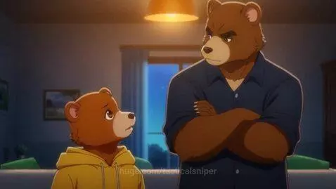 Sad little brown bear in yellow hoodie looks up at angry, crossed-armed dark brown bear dad.