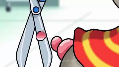 Cartoon blonde nurse with scissors about to cut a mouse's tail, with candy-like blood about to spill.