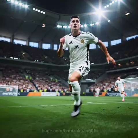 Soccer player Ronaldo in white and black uniform celebrating a goal on a green pitch in a brightly lit stadium with fans.