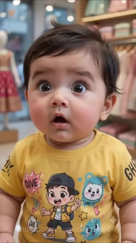 Two babies in a clothing store, one acting as a shopkeeper, negotiating the price of a dress.