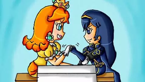 Animated Princess Daisy and Lucina arm wrestling with determined expressions, smiling smugly.