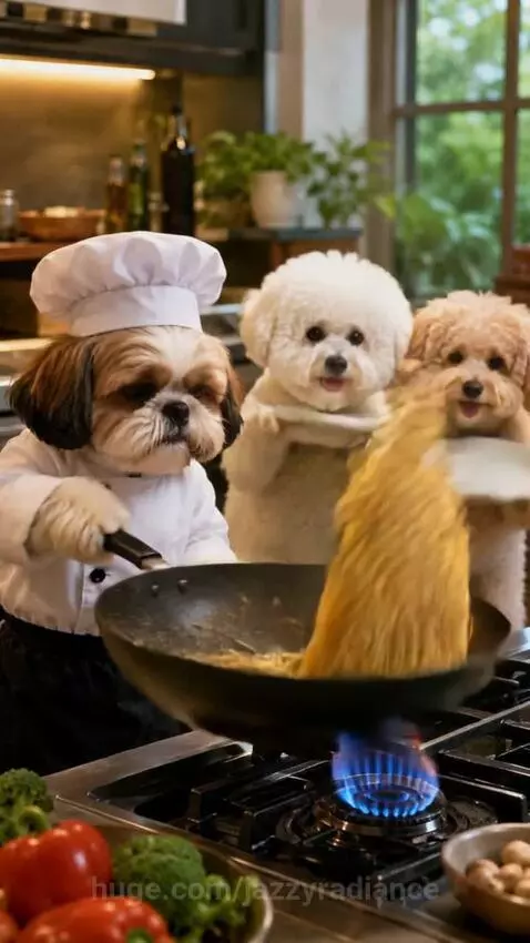 Shih Tzu chef dog flipping pasta, with Bichon Frise and Poodle watching, pasta lands on dog's head.
