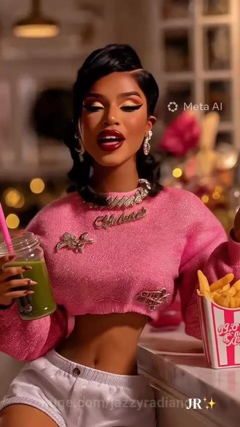 Woman with dark wavy hair, dramatic makeup, pink sweater, and white shorts, holding a mason jar with a green drink and fries.