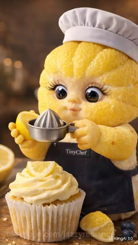 Animated lemon character wearing a chef's hat and apron, frosting a lemon cupcake.