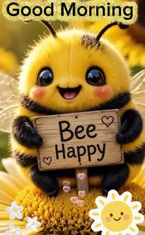Cute cartoon bee with big eyes holding a 'Bee Happy' sign, sitting on a vibrant sunflower in a sunny field.