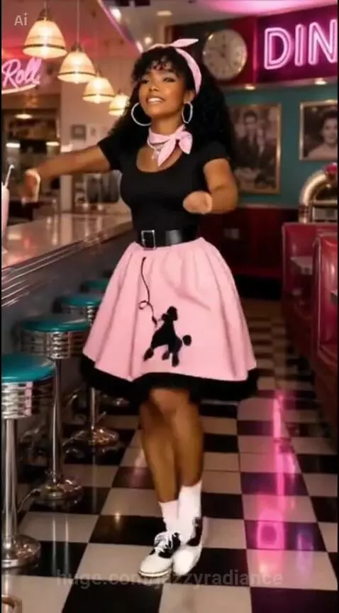 Woman with curly hair and poodle skirt dancing energetically in a retro diner with neon signs.