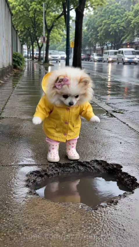 Two animated Pomeranian dogs, one in a yellow raincoat and pink boots, the other in a blue raincoat, happily jumping and standing near puddles.