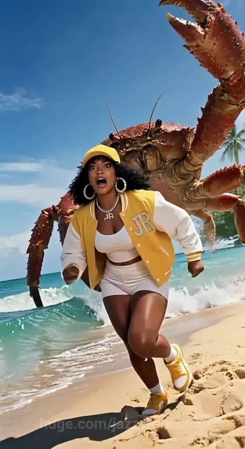 Woman running in terror from a giant cartoon crab on a sandy beach with palm trees and ocean in the background.