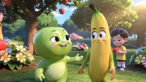 Animated green apple and yellow banana characters in a sunny garden, promoting healthy eating for children.