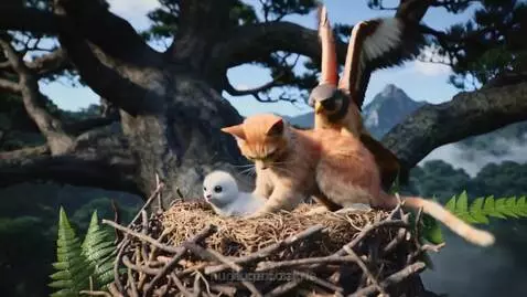 A hawk swoops down and grabs an orange cat from a bird's nest, carrying it away.