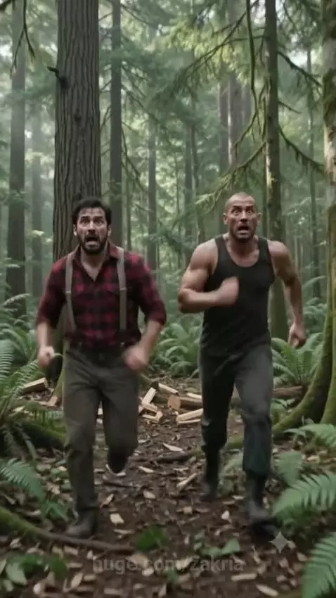 Two men chopping a tree while a giant eagle attacks them in a dense forest.