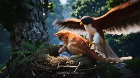 Animated orange tabby cat being carried away by a large eagle in a forest.