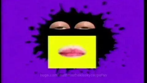 Klasky Csupo logo animation with a purple background, black ink splat, human eyes, and a hand holding a square with a mouth.