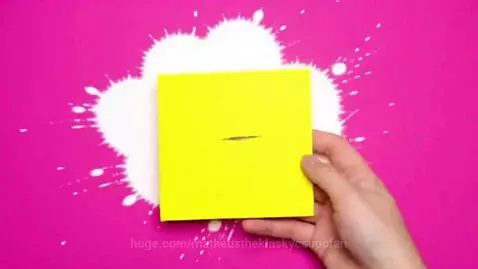 Animated yellow square with human eyes and mouth on a pink background, followed by black text on white.
