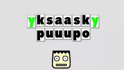 Animated text 'yksaasky puuupo' glitches and disappears, revealing large green 'Y's on a black screen.