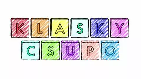 Colorful, hand-drawn blocks spelling KLASKY and CSUPO, with children's voices saying the name.