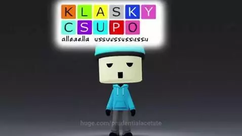 Blocky humanoid character with a blue hoodie and cap, a thought bubble above showing the glitching Klasky Csupo logo.