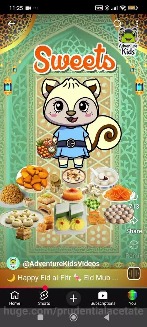 Cartoon animal characters celebrating Eid al-Fitr with sweets, gifts, and festive decorations.