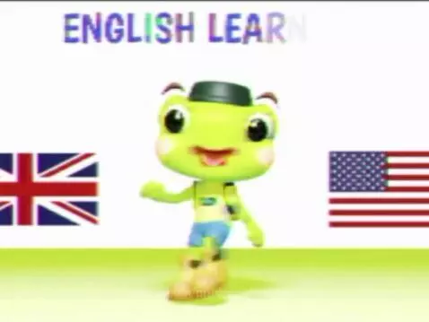 Animated green frog character wearing a hat, teaching English colors for ESL learners, with UK and USA flags.