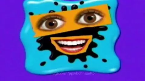 Klasky Csupo logo animation with a face made of magazine clippings on a blue splattered background.