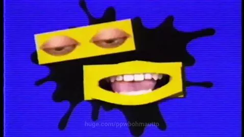 Klasky Csupo logo recreated with AI, featuring ink splat, yellow rectangles with eyes and mouth, and VHS effect.