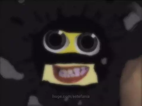 Distorted cartoon face resembling Klasky Csupo logo with glitch effects on a black background.