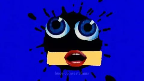 Animated Klasky Csupo logo with a yellow face on a black ink splat, transitioning to block text.