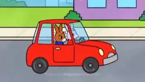 Two cartoon donkeys in a red car crash into a Burger Prince restaurant.