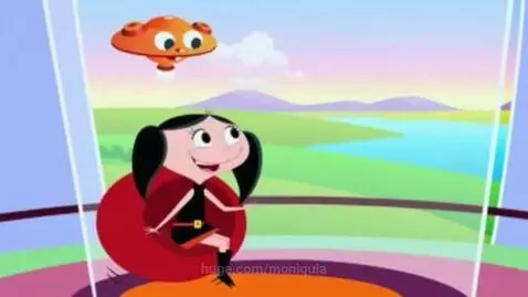 Animated girl with pigtails and red cape smiling on a beanbag chair with a flying saucer above, overlooking a colorful landscape.