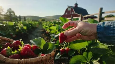 Person's hand picking ripe red strawberries in a sunny field, with a wicker basket full of berries and a red barn in the background.