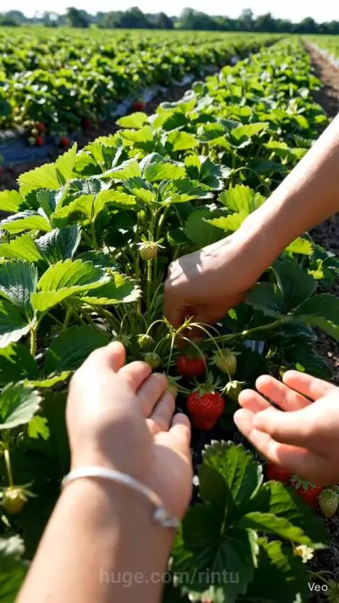 Close-up of hands picking a ripe red strawberry from a plant in a sunny field.