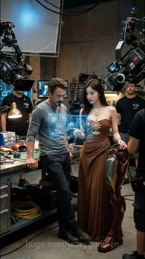 Young woman in a strapless dress interacting with movie characters on set.