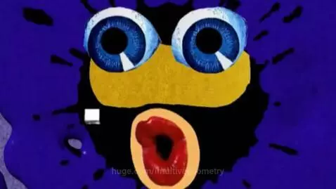 Animated abstract face with blue eyes, yellow center, red mouth, against a swirling purple and black background, followed by stop-motion text.
