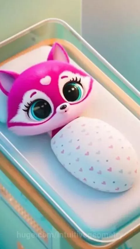 Close-up of a pink baby fox character with large eyes in a heart-patterned blanket, held by a raccoon doctor.