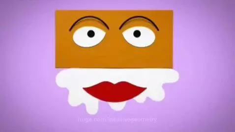 Red lips on a splattered shape with cartoon eyes above, on a lavender background.