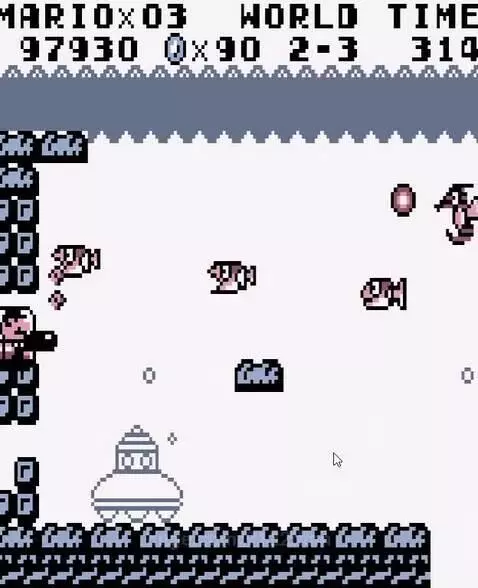 Mario in a submarine shooting fish and collecting coins in Super Mario Land underwater level.