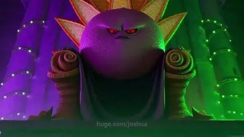 A purple grapefruit with red eyes and a cape sits on a throne made of citrus peels, planning to make all fruits into juice.