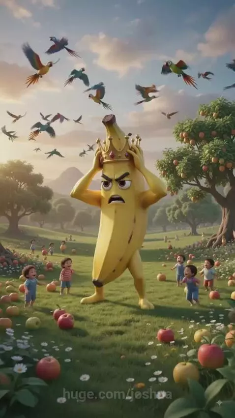 Anthropomorphic banana with a crown looking menacingly at celebrating fruits in a vibrant animated kingdom.