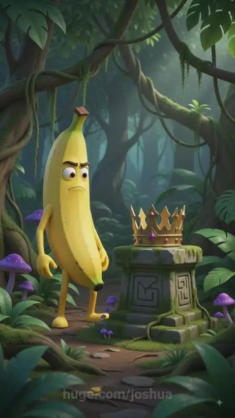 An evil banana with glowing eyes and golden markings stands in a volcanic landscape, facing heroic fruits.