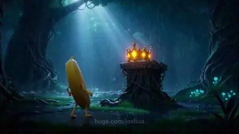 Animated banana character wearing a glowing crown with red eyes, standing menacingly before other fruits.
