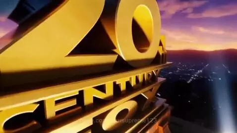 Realistic drone view of the 20th Century Fox logo at sunset over a city.