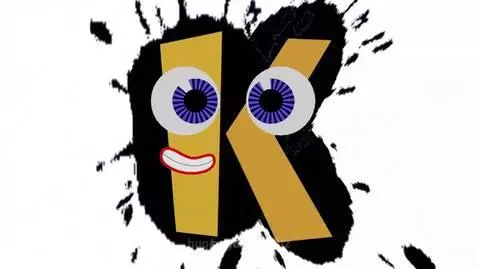 Animated golden letter 'K' with eyes and mouth, then 'KLASKY CSUPO' text on a white background with ink splatters.