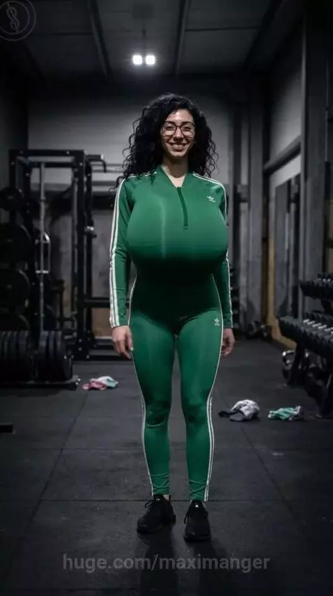 Woman with dark curly hair and glasses in a green tracksuit and black sneakers, smiling in a gym.