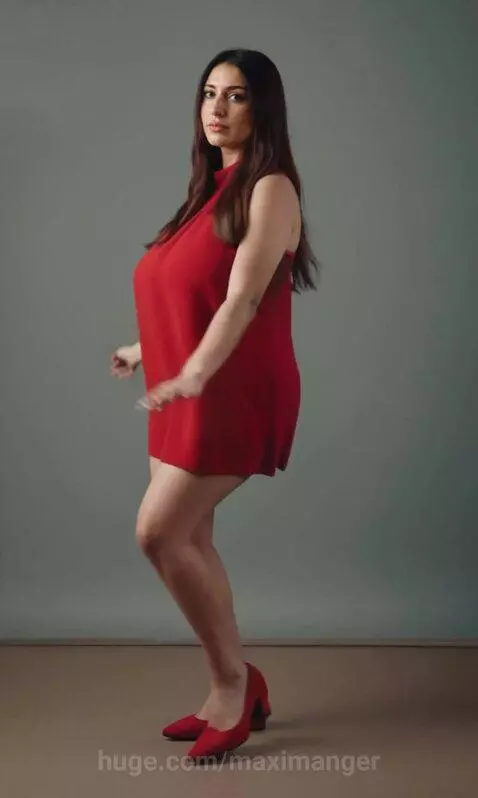 Woman with long dark hair in a short red dress and red heels, swaying and turning.